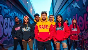 Streetwear enthusiasts showcasing the vibrant RageOff collection in an urban setting
