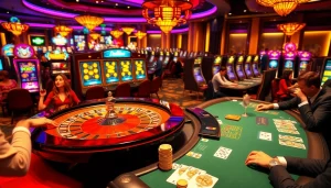 Experience the thrill of winning at the casino with net win strategies as players interact with vibrant slot machines and poker tables.