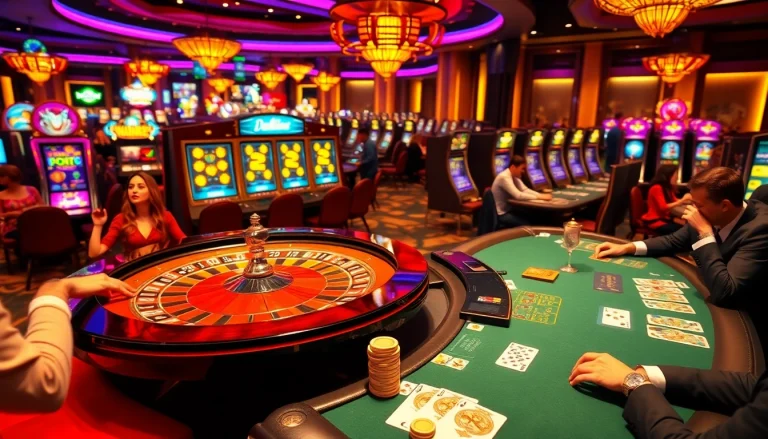 Experience the thrill of winning at the casino with net win strategies as players interact with vibrant slot machines and poker tables.