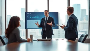 Crisis management consultant leading a professional meeting to strategize during a crisis.