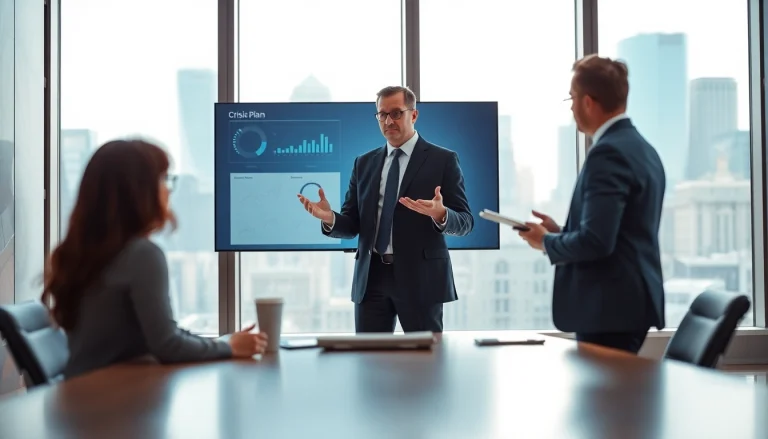 Crisis management consultant leading a professional meeting to strategize during a crisis.