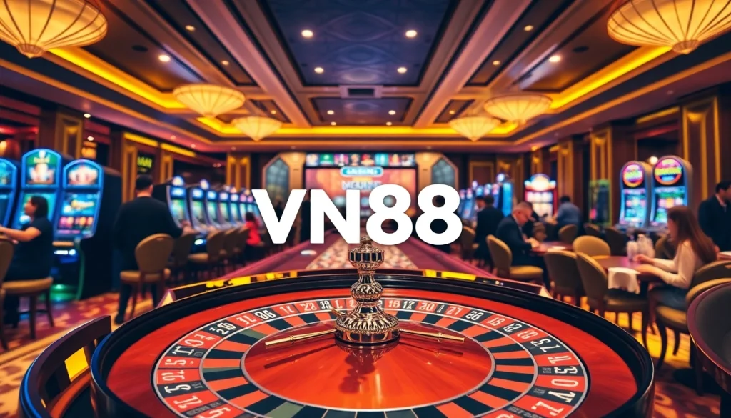 Experience the excitement of winning at VN88 with vibrant casino elements including roulette and poker.