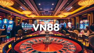 Experience the excitement of winning at VN88 with vibrant casino elements including roulette and poker.