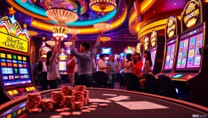 Experience the thrill of Slot Gacor as players celebrate wins at vibrant casino slot machines.