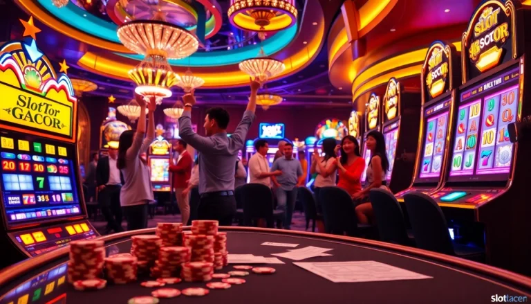 Experience the thrill of Slot Gacor as players celebrate wins at vibrant casino slot machines.