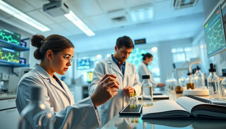 WIN55 cannabinoid research in a modern laboratory setting with scientists examining samples.