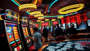 Engaging scene of a player making a slot bet 100 in a luxurious casino.