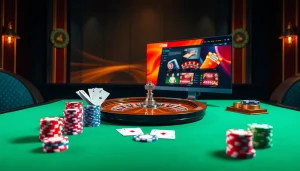 Gambling excitement at XX88's online casino featuring vibrant poker chips and roulette wheels.