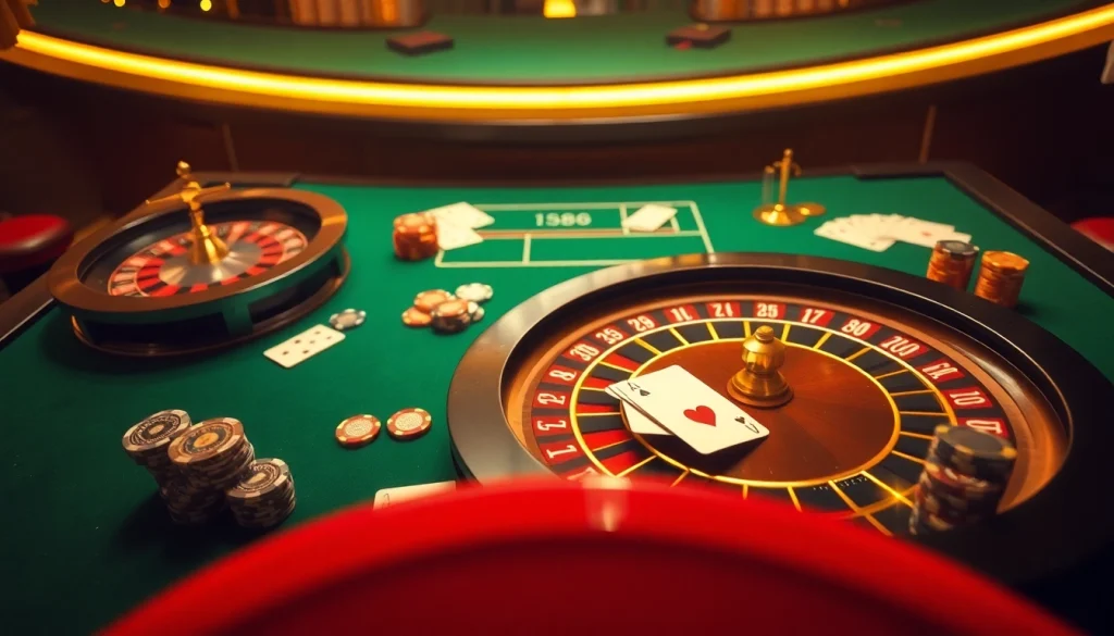 Exciting casino scene with roulette and cards at https://s88.works/ inviting gamblers for strategy and fun.