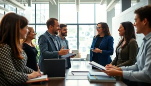 Empowering business coaching service session with a dynamic group of entrepreneurs in a modern office.