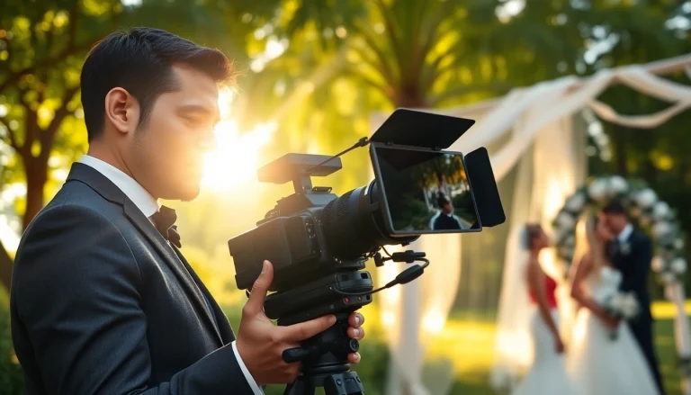 Videographer capturing moments at a wedding in a picturesque outdoor setting.