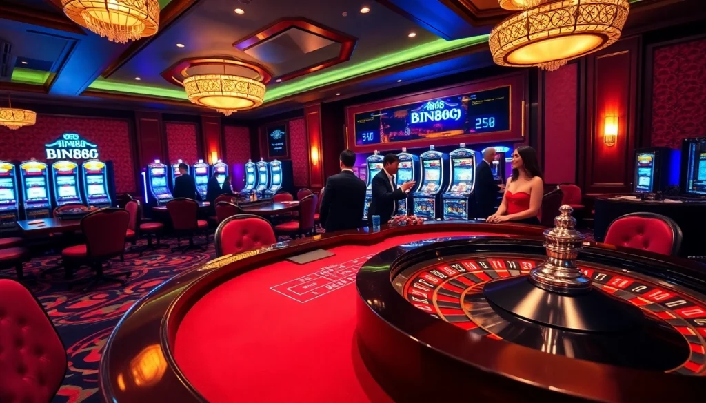 Bin88 casino room with players enjoying Baccarat and roulette in an elegant setting.