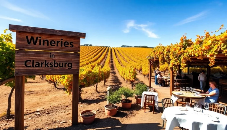 Experience wineries in Clarksburg with scenic vineyard views and visitors enjoying wine tastings.