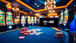 Engaging online gambling action with link vao w88 displayed on mobile devices among casino table elements.