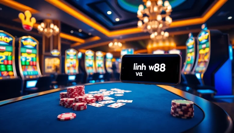 Engaging online gambling action with link vao w88 displayed on mobile devices among casino table elements.