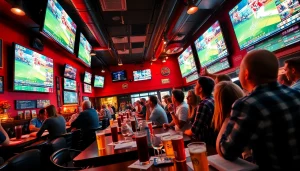 Engaged fans enjoying sports betting California in a lively sports bar atmosphere with multiple screens.