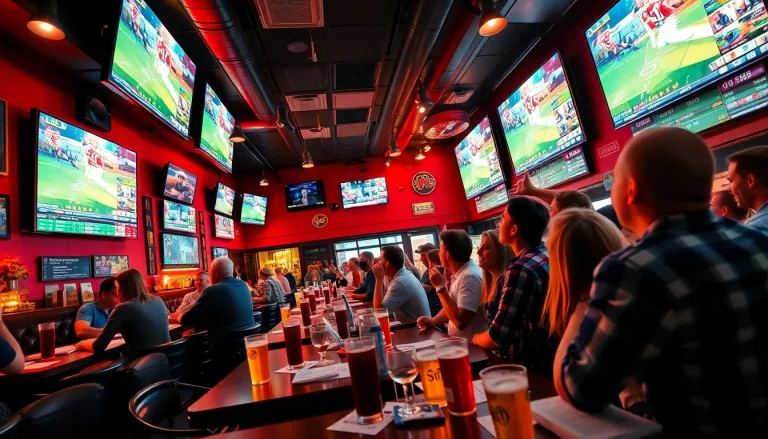 Engaged fans enjoying sports betting California in a lively sports bar atmosphere with multiple screens.