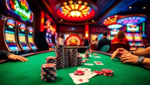 Người chơi phấn khích tham gia một ván poker đầy kịch tính tại casino tik 88, được bao quanh bởi những máy đánh bạc sống động.