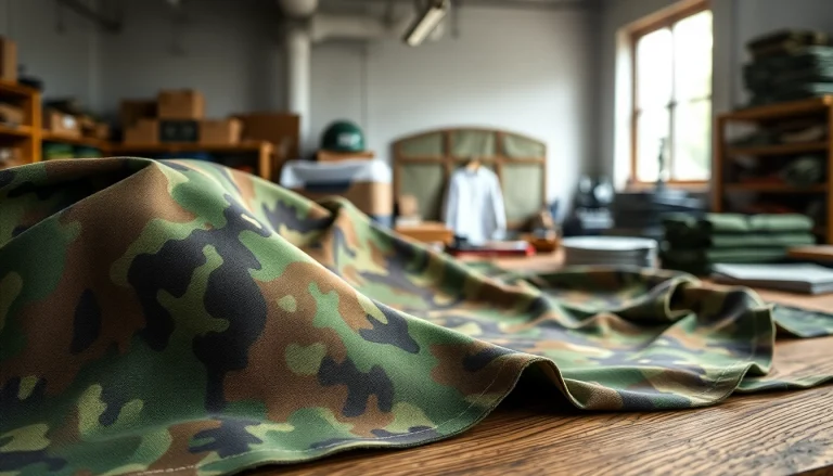 Bekijk camouflage stoffen met verschillende patronen en texturen op een houten tafel.
