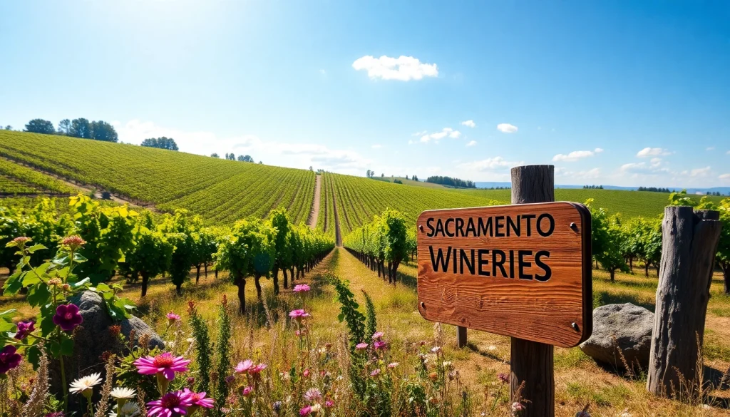 Sacramento Wineries showcasing a vibrant vineyard landscape with grapevines and rustic signs.