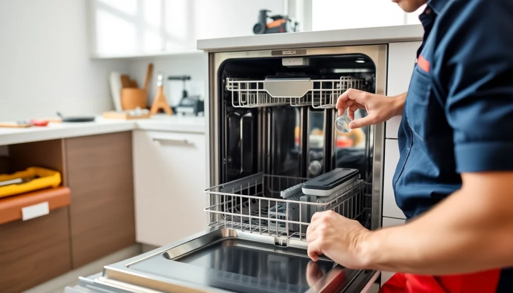Technician engaged in BOSCH dishwasher repair, showcasing expert service in modern kitchen.