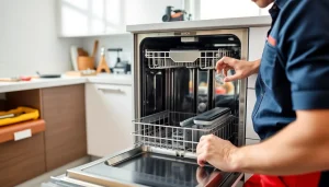 Technician engaged in BOSCH dishwasher repair, showcasing expert service in modern kitchen.