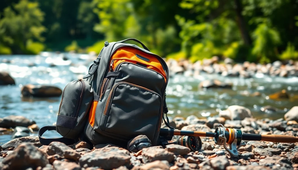Fly fishing backpack showcasing durability and design features on a riverbank.