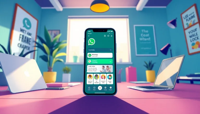 FM WhatsApp app interface displayed on a smartphone in a modern workspace, showcasing features and customization.