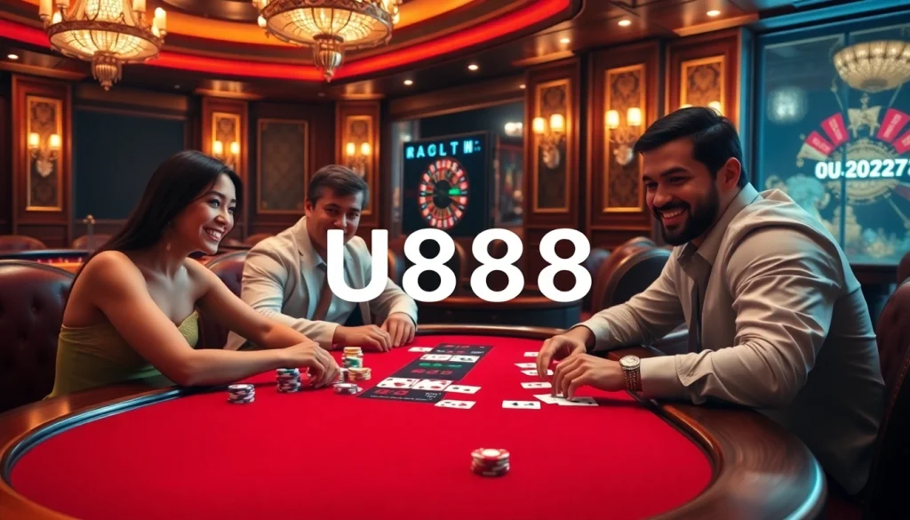At U888, players engage in a high-stakes poker game, surrounded by an elegant casino atmosphere.