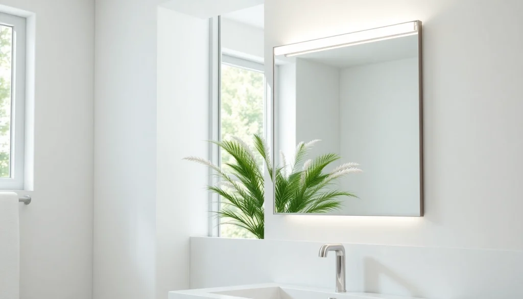 Enhance your space with a stylish mirror with Lights illuminating a modern bathroom vanity.