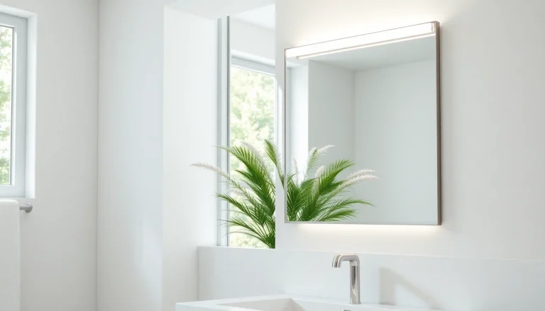 Enhance your space with a stylish mirror with Lights illuminating a modern bathroom vanity.