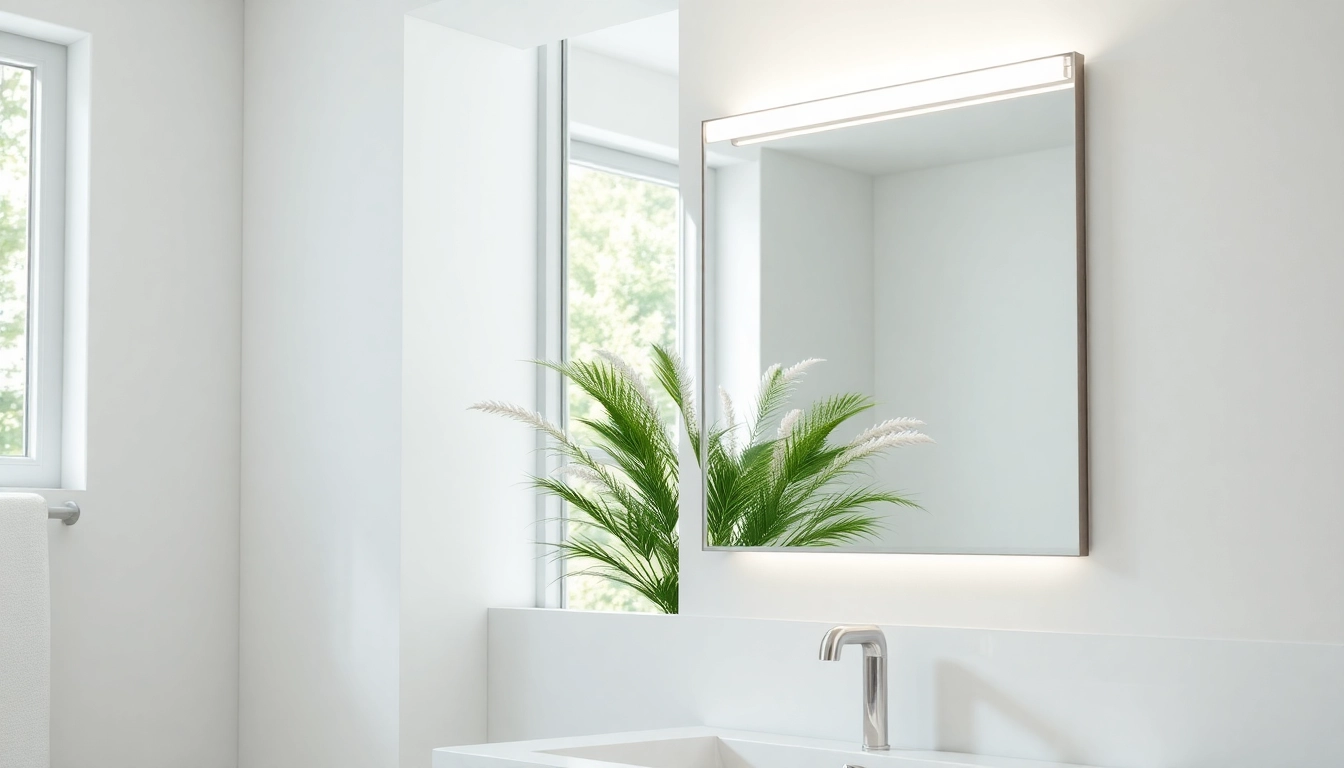Enhance your space with a stylish mirror with Lights illuminating a modern bathroom vanity.