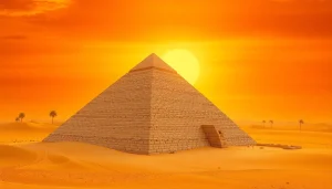 A captivating view of the ancient Egyptian piraminds amid a dramatic sunset over the desert.