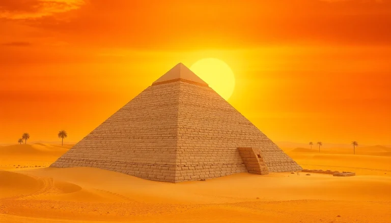 A captivating view of the ancient Egyptian piraminds amid a dramatic sunset over the desert.