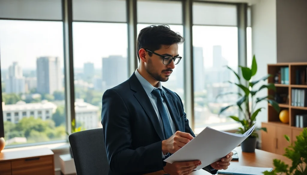 Environmental lawyer reviewing documents in a bright office with green city views.