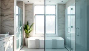Elegant shower doors displayed in a modern bathroom, showcasing sleek design and natural light.