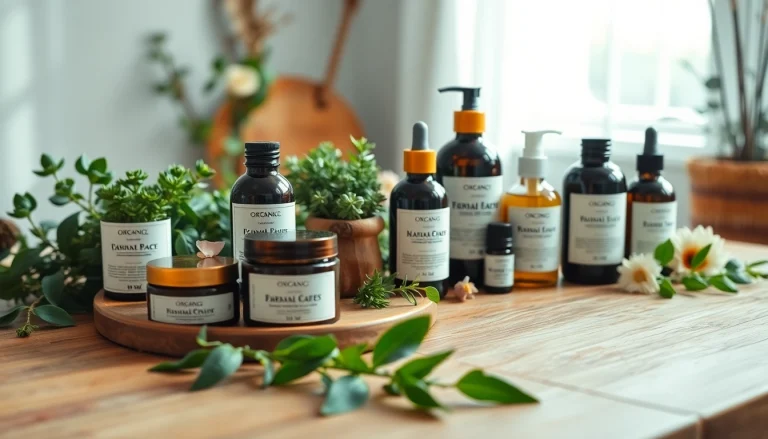 Kūrybingai rodomi Naturali kosmetika produktai, supakuoti gražiai su natūraliais ingredientais.