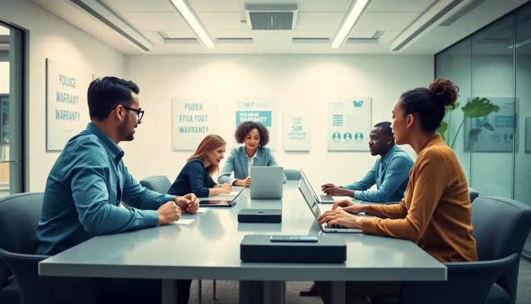 Engaging scene of a digital first warranty company team collaborating in a modern office.
