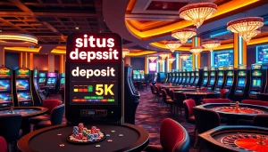 Rasakan kegembiraan situs deposit 5k dengan pemandangan kasino yang dinamis menampilkan mesin slot dan meja poker.
