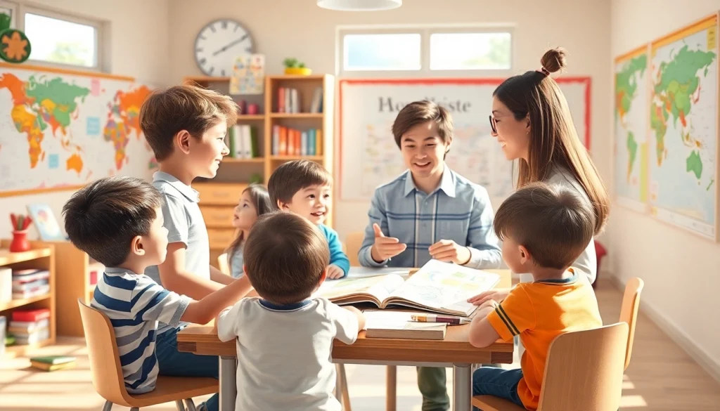 色とりどりの教室で、親しみやすい英語教師とベルリッツキッズ 体験を楽しむ子どもたちの魅力的な場面。