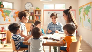 色とりどりの教室で、親しみやすい英語教師とベルリッツキッズ 体験を楽しむ子どもたちの魅力的な場面。