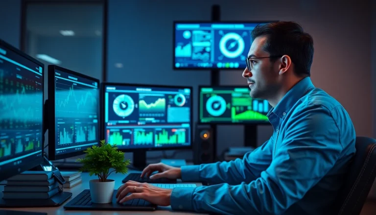 Cybersecurity AI analyst at a modern workstation analyzing data and trends.