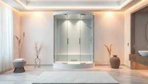 Admire a stylish cabine de douche intégrale surrounded by modern bathroom decor and warm lighting.