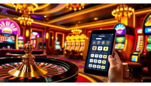 Exciting gambling action featuring SODO66 with roulette, poker chips, and vibrant slot machines.