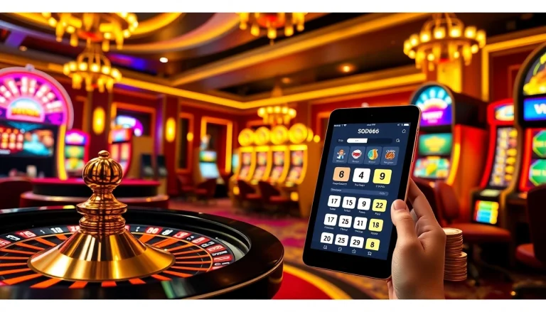 Exciting gambling action featuring SODO66 with roulette, poker chips, and vibrant slot machines.