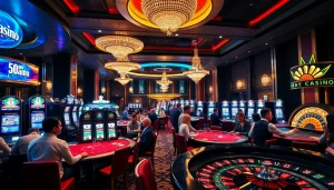 SODO Casino vibrant scene with players engaged in poker, roulette spinning, and lively atmosphere.