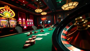 Experience the thrill of RR88 with vibrant casino visuals, featuring luxurious poker tables and roulette wheels.