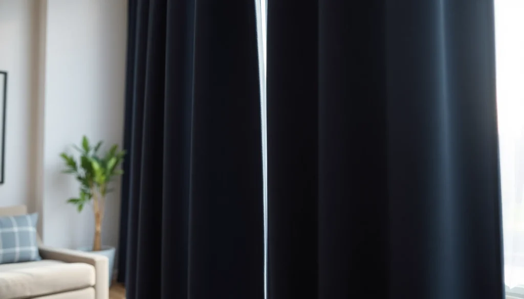 Verduisterende gordijnen creëren een ontspannen sfeer in een moderne woonkamer.