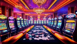 Berinteraksi dengan pencari sensasi di meja slot deposit pulsa, menampilkan kas dan chip yang penuh warna.