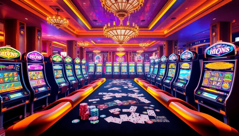 Berinteraksi dengan pencari sensasi di meja slot deposit pulsa, menampilkan kas dan chip yang penuh warna.